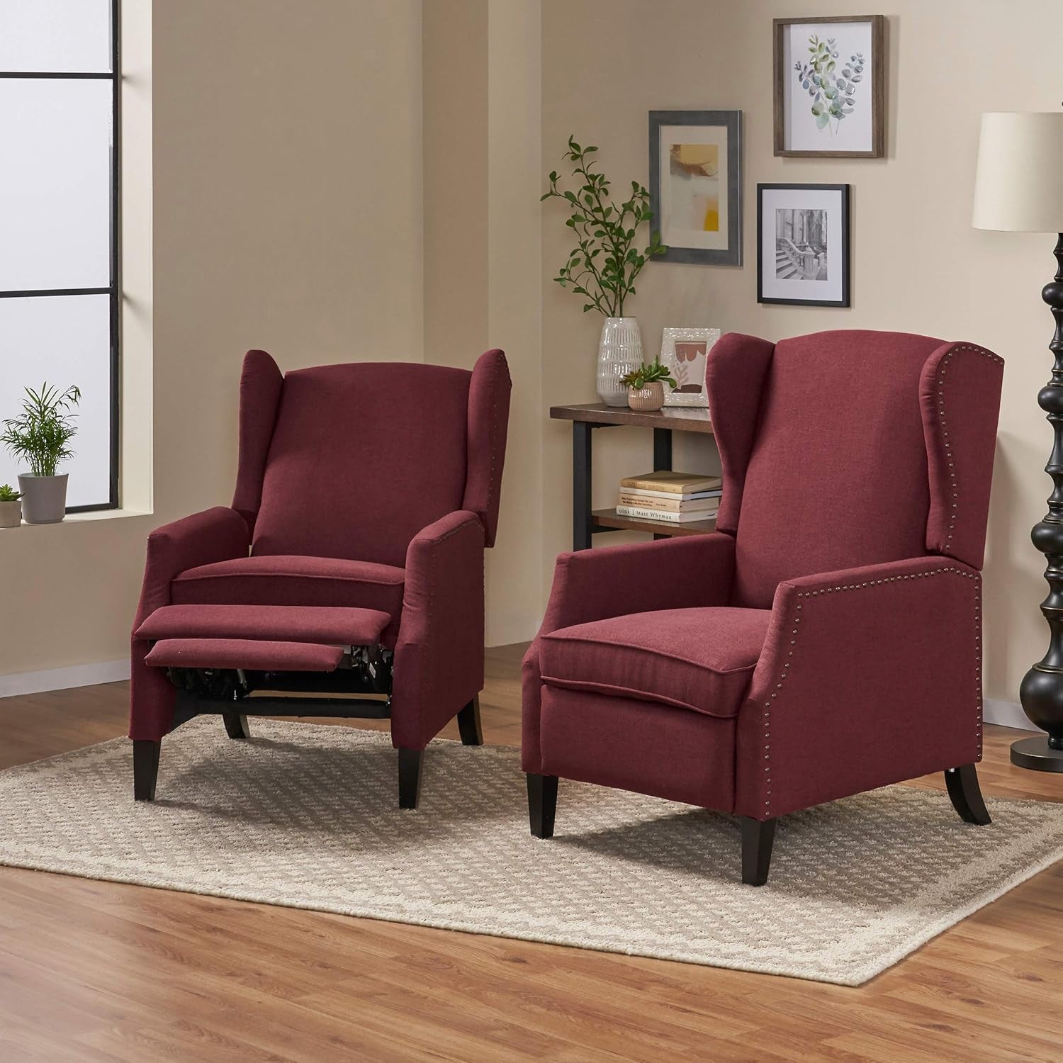 Ellyn Fabric Recliner (Set of 2), Deep Red, Dark Brown