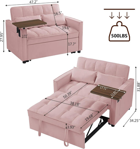 3 in 1 Sleeper Sofa Couch Bed, Pull Out Loveseat with Storage, Full Size Velvet Convertible Chair with 2 Pockets & 2 Pillows for Living Room