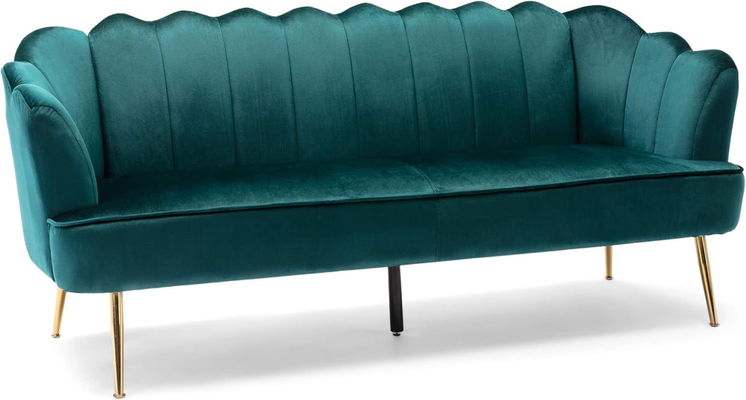 Reitz Channel Stitch 3 Seater Shell Sofa - Velvet - Teal/Gold