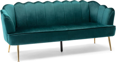 Reitz Channel Stitch 3 Seater Shell Sofa - Velvet - Teal/Gold