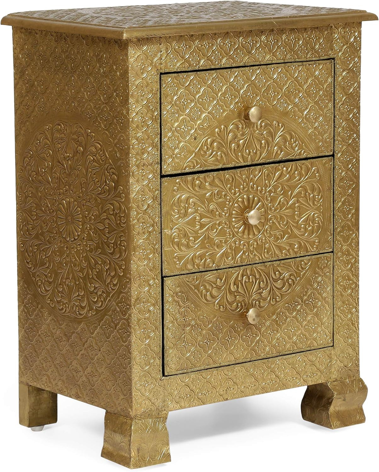 Upson Handcrafted Boho 3 Drawer Nightstand, Gold