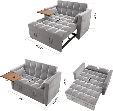 3 in 1 Multi-Functional Convertible Sleeper Sofa Bed, Modern Loveseat Sofa Couch Velvet Pull Out Bed with Reclining Adjustable Backrest &Hidden Table for Apartment Living Room Bedroom,Grey