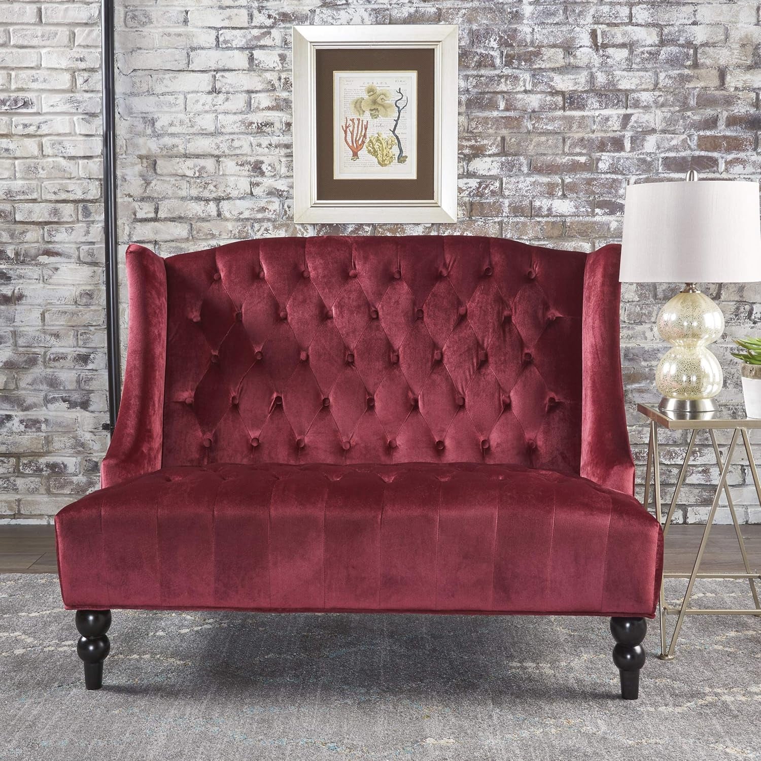 Christopher Knight Home  Leona Modern Glam Tufted Velvet Wingback Loveseat, Wine and Dark Brown, 34.00 ''D X 50.25‘’W X 38.50'' H