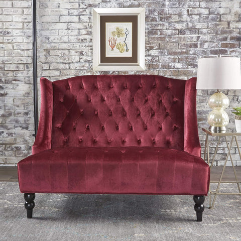 Christopher Knight Home  Leona Modern Glam Tufted Velvet Wingback Loveseat, Wine and Dark Brown, 34.00 ''D X 50.25‘’W X 38.50'' H