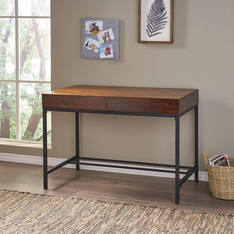 Ebany Industrial Acacia Wood Storage Desk with Iron Accents, Dark Oak / Rustic Metal