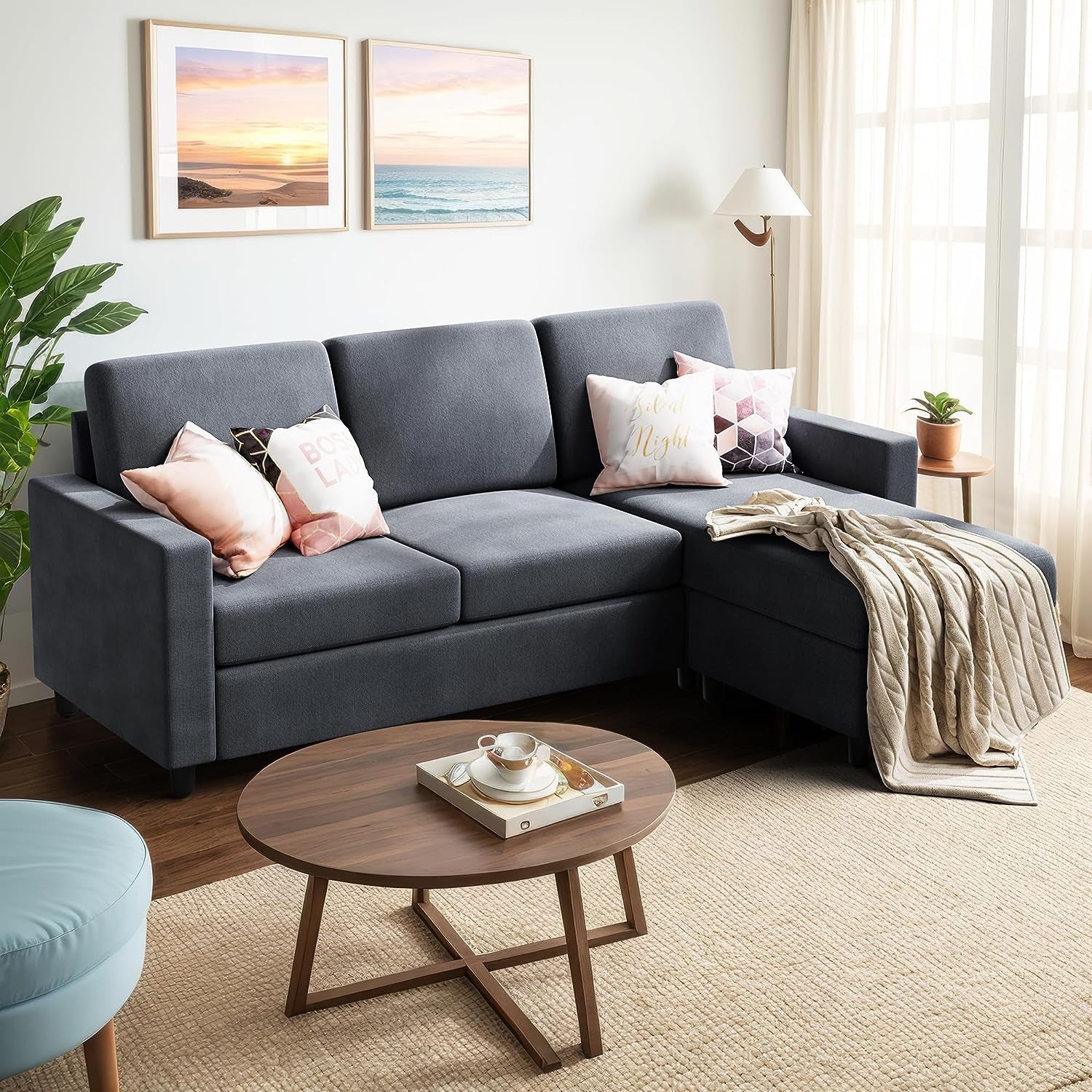 79 Inch Convertible Sectionl Sof Couch, Modern Linen Fbric L-Shped , 3-Set Sof Sectionl with Reversible Chise for Living Room, prtment nd Smll Spce (Drk Grey)