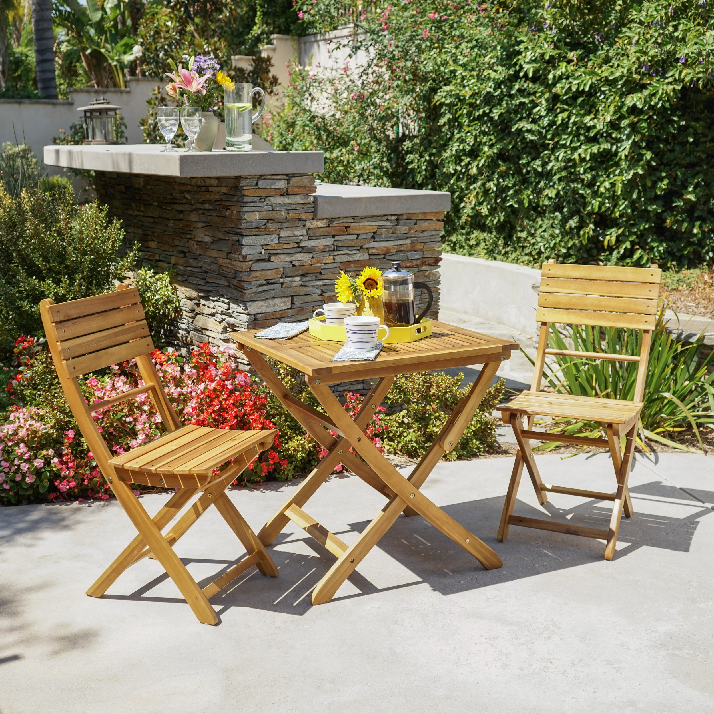 Rabion Outdoor Acacia Wood 3 Piece Folding Bistro Set, Natural