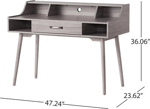 Brenda Mid-Century Modern Fiberboard Home Office Desk, Grey Oak Finish