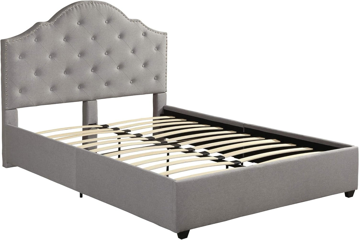 Gentry Queen-Size Bed Frame Fully-Upholstered Button-Tufted Light Gray