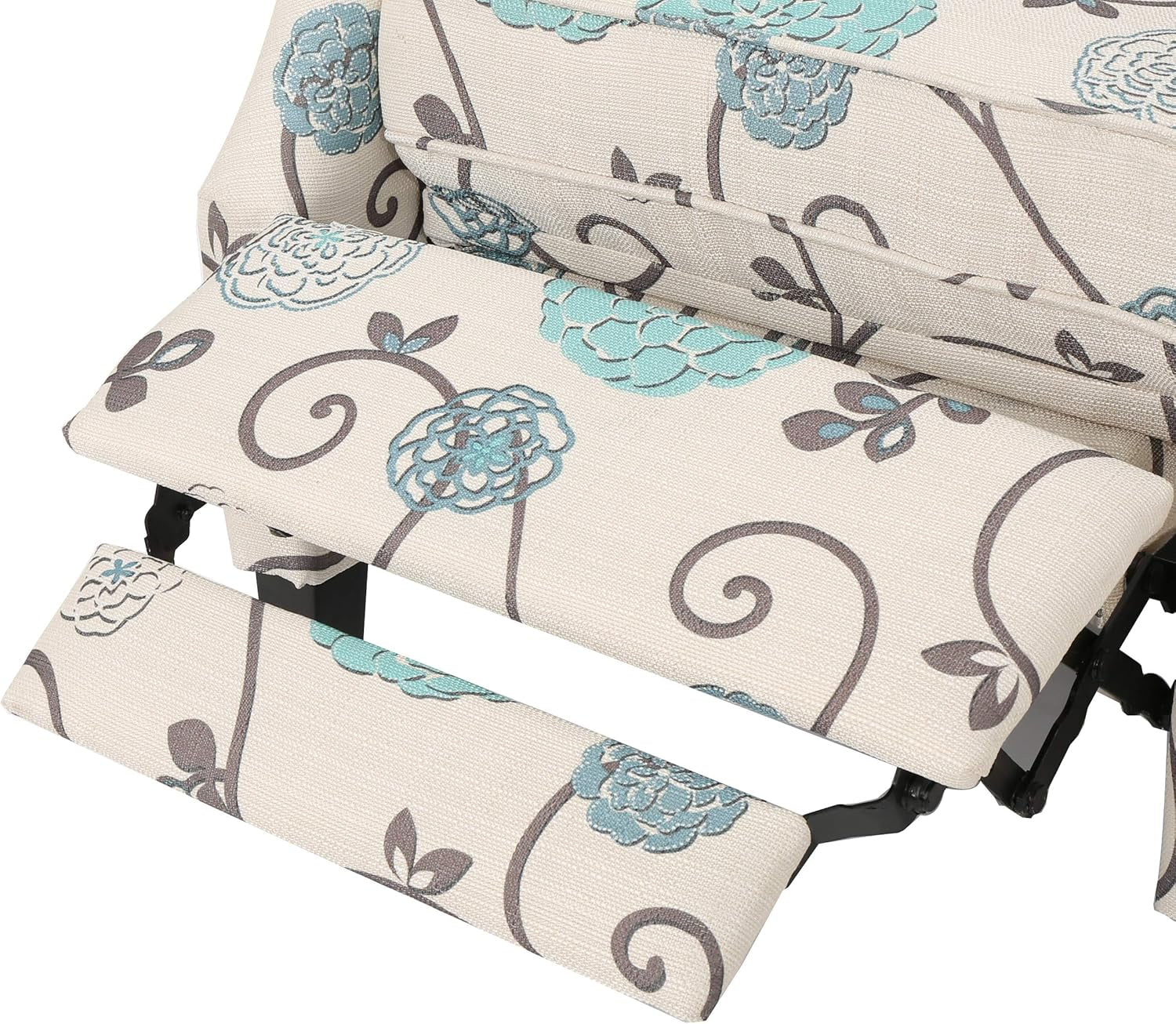 Ellyn Fabric Recliner (Set of 2), Light Beige with Blue Floral, Dark Brown