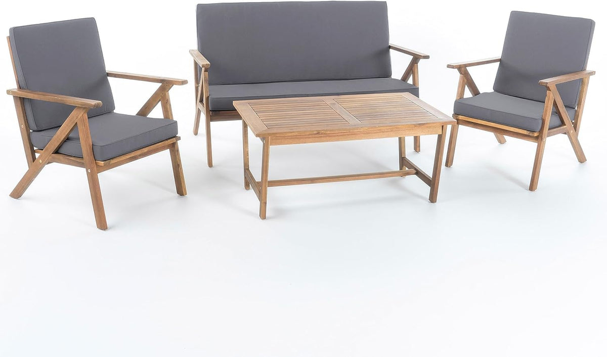 Panama Outdoor Acacia Wood Chat Set with Water Resistant Cushions, 4-Pcs Set, Teak Finish / Grey