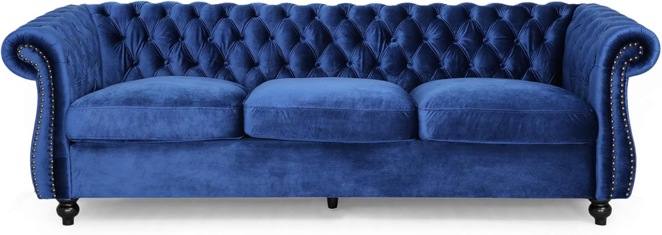 Vita Tufted Microfiber Sofa with Scroll Arms, Navy Blue, Dark Brown