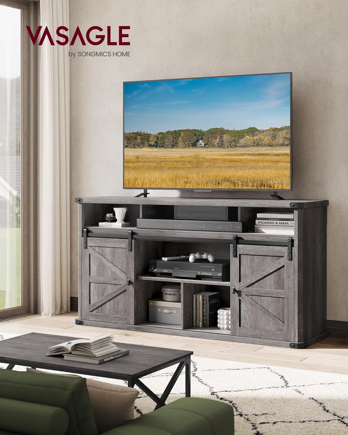 TV Stand for Tvs up to 65 Inches, Farmhouse Entertainment Center with Sliding Barn Doors, TV Console Table for Living Room, Misty Gray ULTV322G68