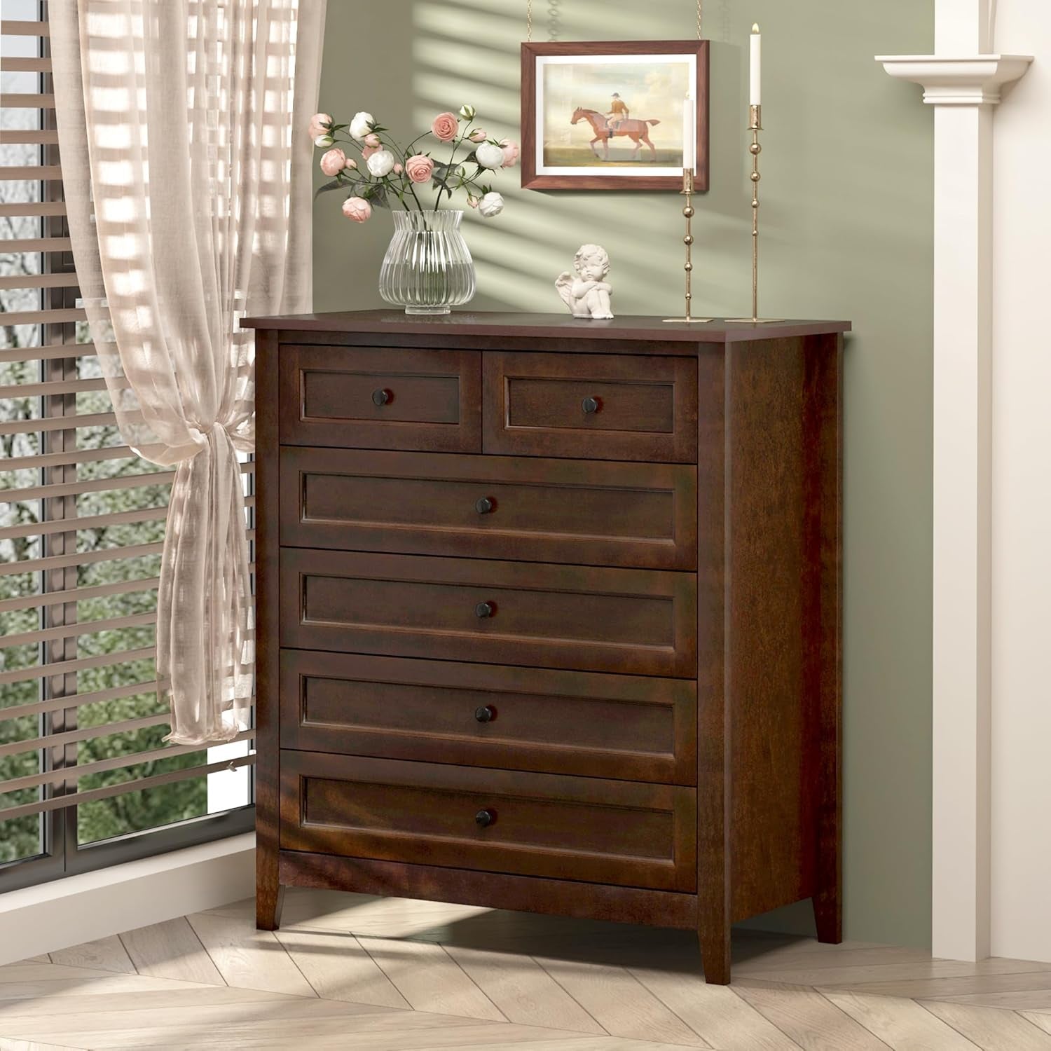 Mid Century Drawer Dresser for Bedroom,Solid Wood Tall Drawers Chest,Retro Organizer Storage Closet for Living Room Corridor,Tableware Cabinet Lockers for Dining Room Kitchen 6 Drawers Brown