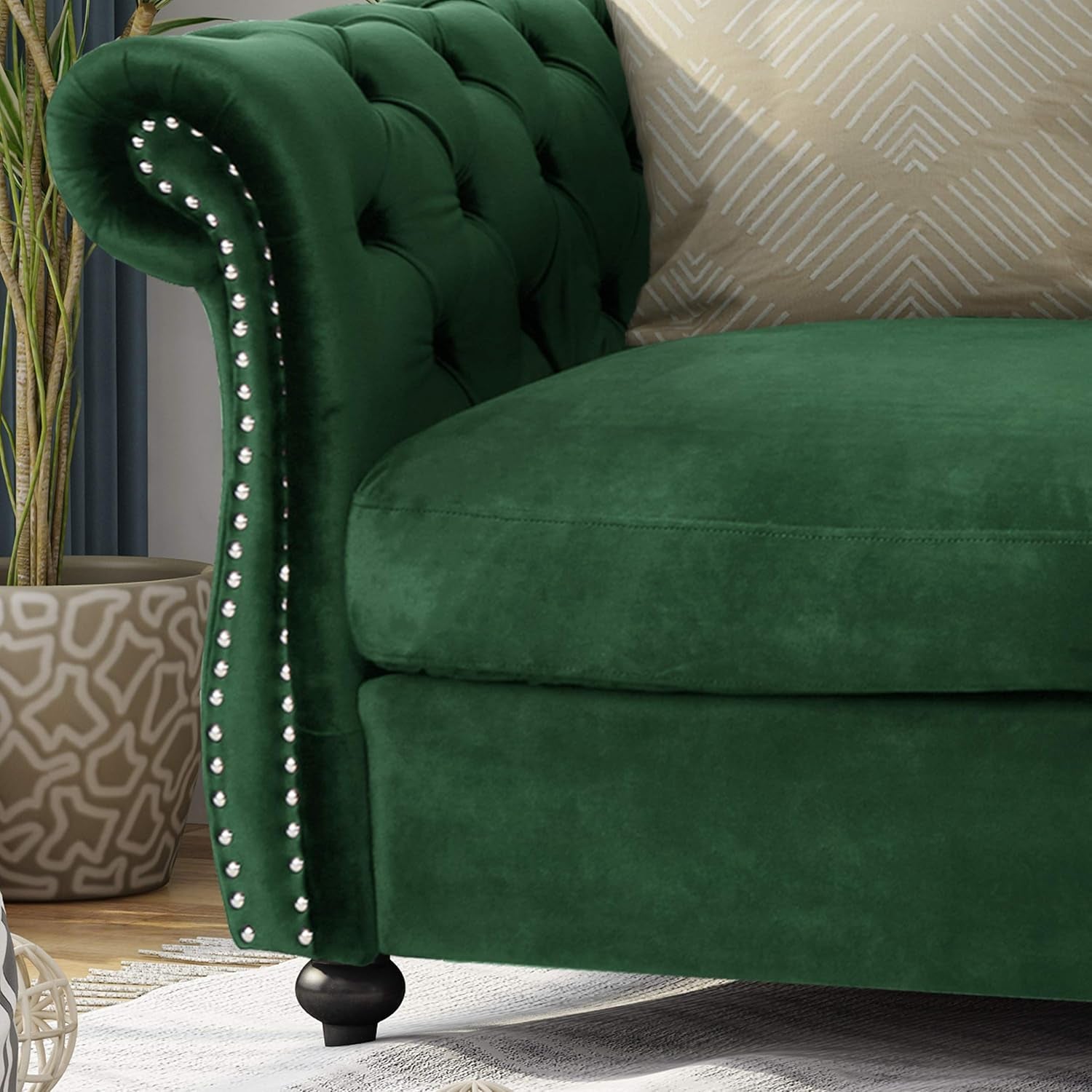 Karen Traditional Chesterfield Loveseat Sofa, Emerald and Dark Brown, 61.75 X 33.75 X 27.75
