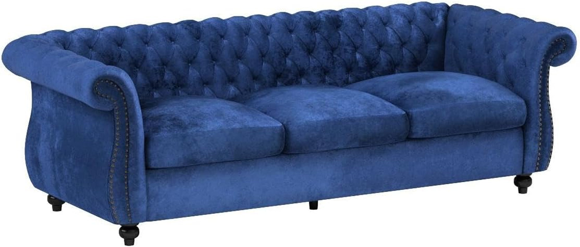 Vita Tufted Microfiber Sofa with Scroll Arms, Navy Blue, Dark Brown