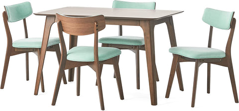 Megann Mid-Century Wood Dining Set with Fabric Chairs, 5-Pcs Set, Natural Walnut / Mint