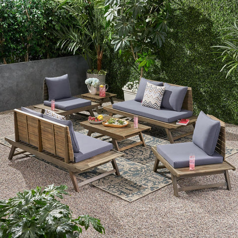 Sedona Outdoor Acacia Wood 6 Seater Chair Loveseat Cushions Chat Patio Furniture Conversation Sets with Coffee Table, 37 "W X 28.25 "D X 29.5 "H, Gray + Dark Gray