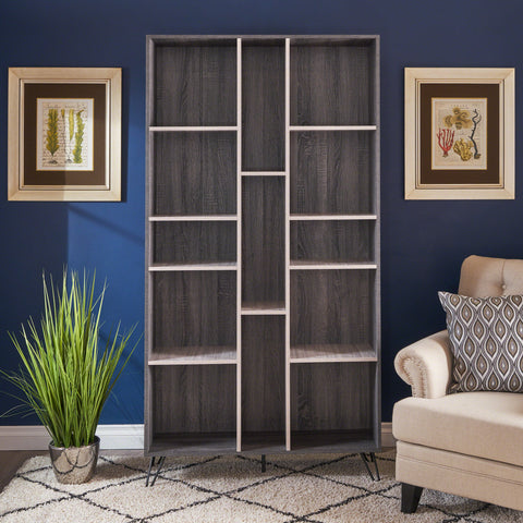 Lexia Contemporary Faux Wood Two Toned 13 Shelf Bookcase, Sonoma Gray Oak, Gray, and Black