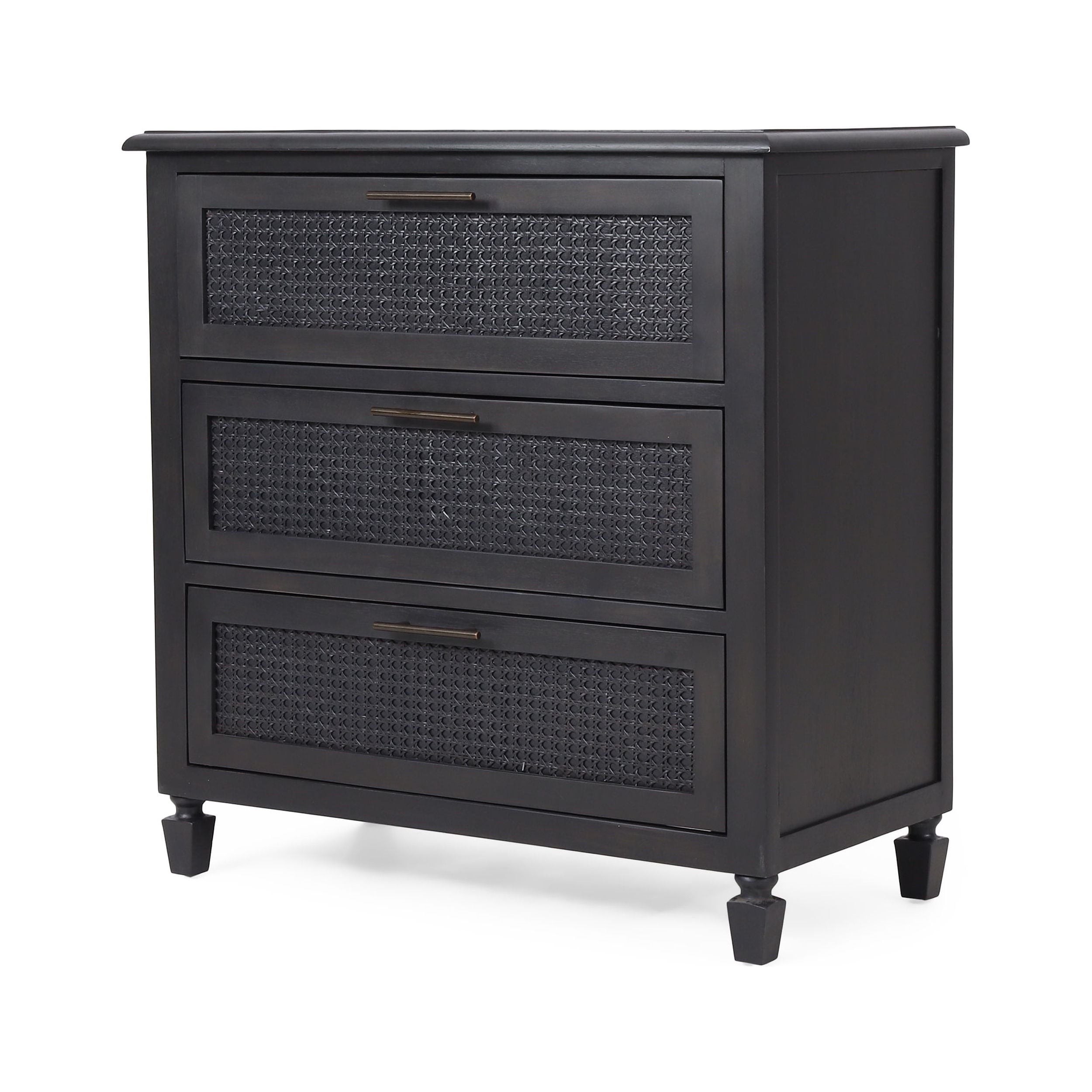 Thurber Acacia Wood and Cane 3 Drawer Dresser, Dark Gray