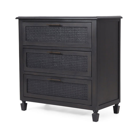 Thurber Acacia Wood and Cane 3 Drawer Dresser, Dark Gray