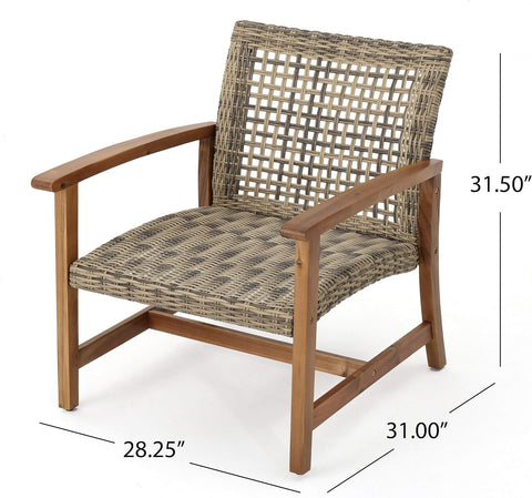 Hampton Outdoor Mid-Century Wicker Club Chairs with Acacia Wood Frame, 2-Pcs Set, Natural Stained / Grey