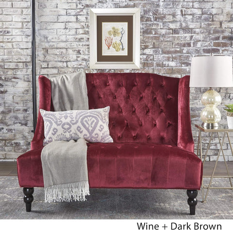 Christopher Knight Home  Leona Modern Glam Tufted Velvet Wingback Loveseat, Wine and Dark Brown, 34.00 ''D X 50.25‘’W X 38.50'' H