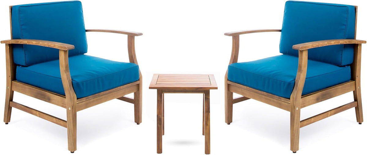 Perla Outdoor 2 Seater Acacia Wood Bistro Set with Cushions, 28.25 "W X 28 "D X 32.75 "H, Teak + Blue