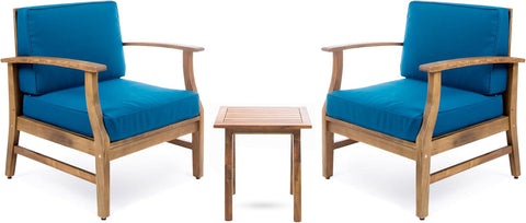 Perla Outdoor 2 Seater Acacia Wood Bistro Set with Cushions, 28.25 "W X 28 "D X 32.75 "H, Teak + Blue