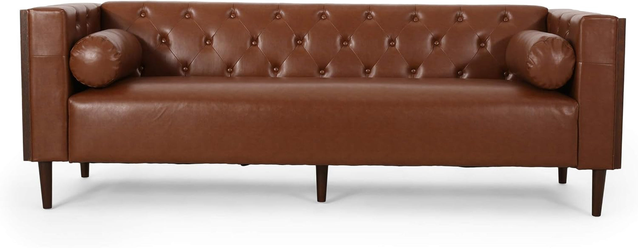 Solomon Contemporary Tufted Deep Seated Sofa with Accent Pillows, Cognac Brown and Espresso