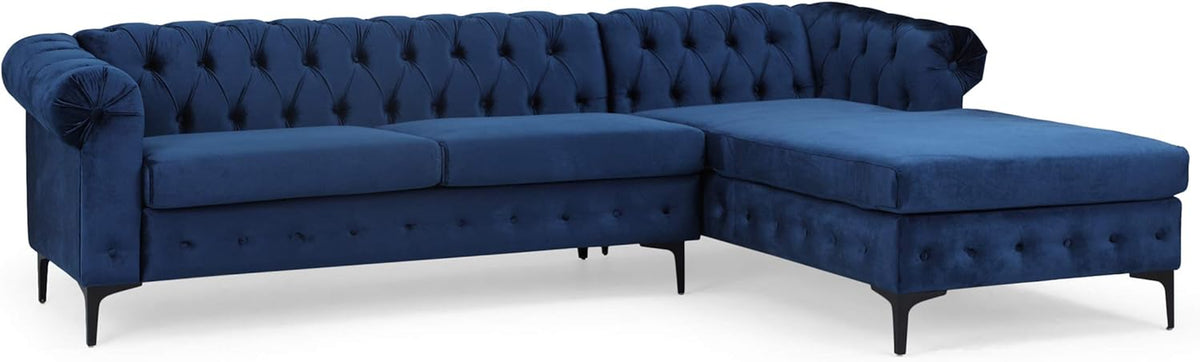 Frieda Velvet 3 Seater Sectional Sofa with Chaise Lounge, Midnight Blue, Black