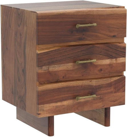 Terrell Handcrafted Boho Acacia Wood 3 Drawer Nightstand, Dark Natural