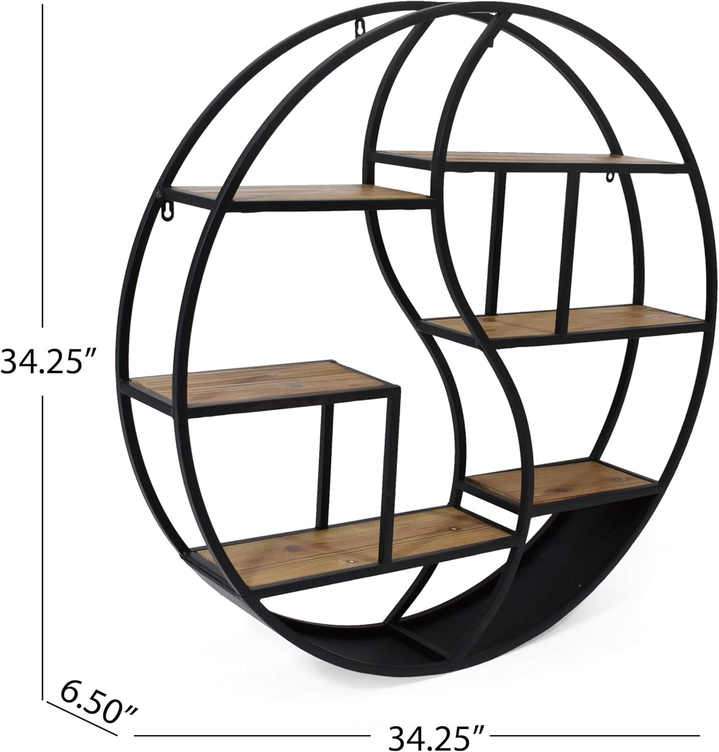 Bobby Industrial Hanging Circular 8 Shelves, Wall Shelf, Black Finish, Natural