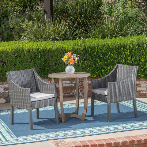 Naper Outdoor Acacia Wood and Wicker 3 Piece Bistro Set with Cushions, Gray and Light Gray