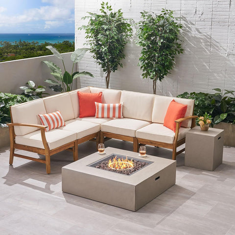 Illona Outdoor 5 Seater V-Shaped Acacia Wood Sofa Set with Square Fire Table and Tank, 23.75 "W X 28 "D X 32.75 "H, Teak + Cream + Light Gray