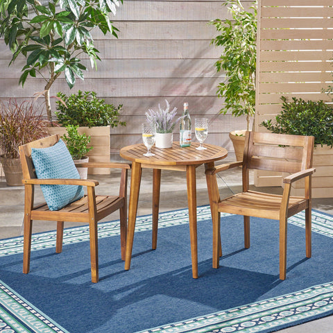 Cassell Outdoor 3 Piece Acacia Wood Bistro Set, Teak
