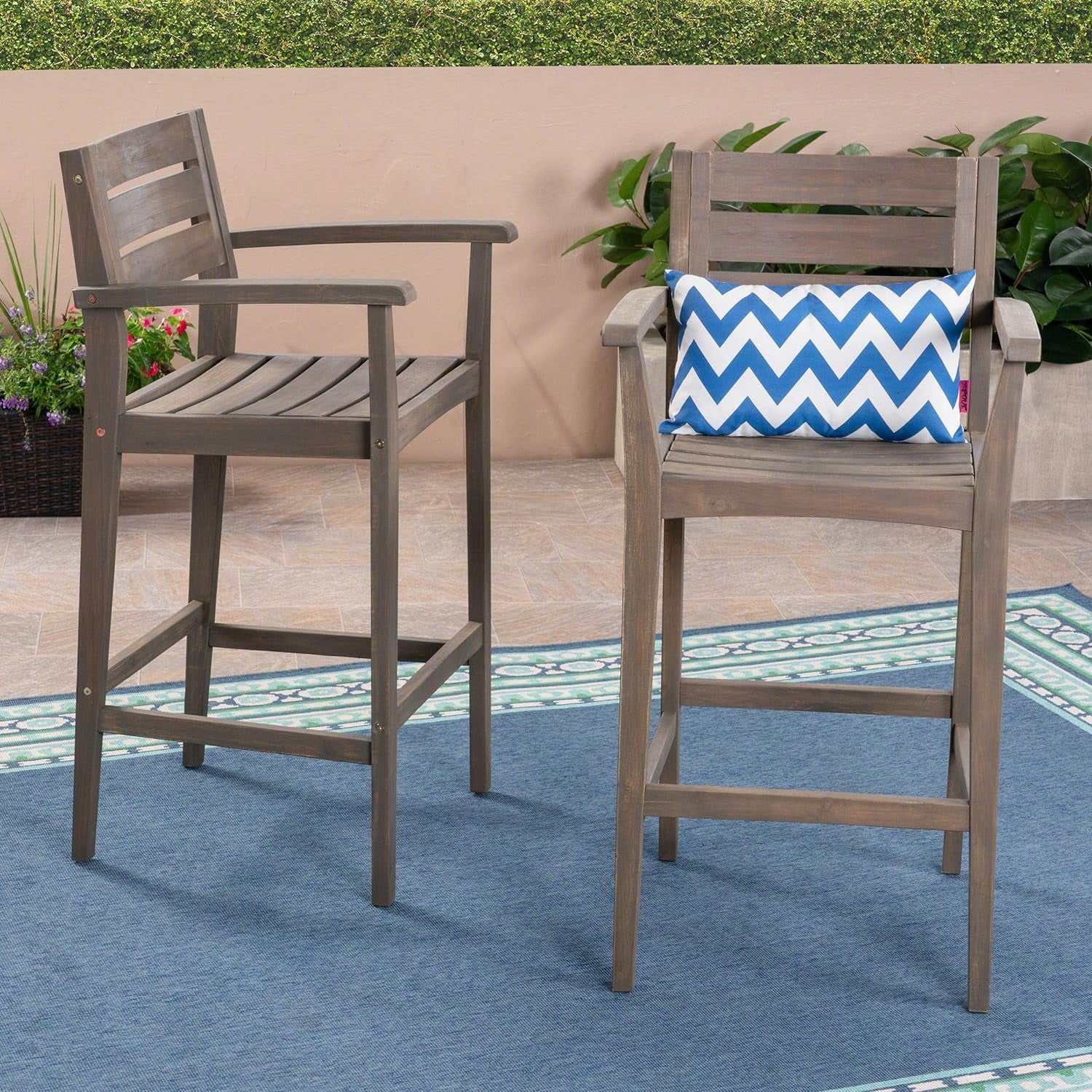 Lera Outdoor Rustic Acacia Wood Barstool (Set of 2), Gray Finish