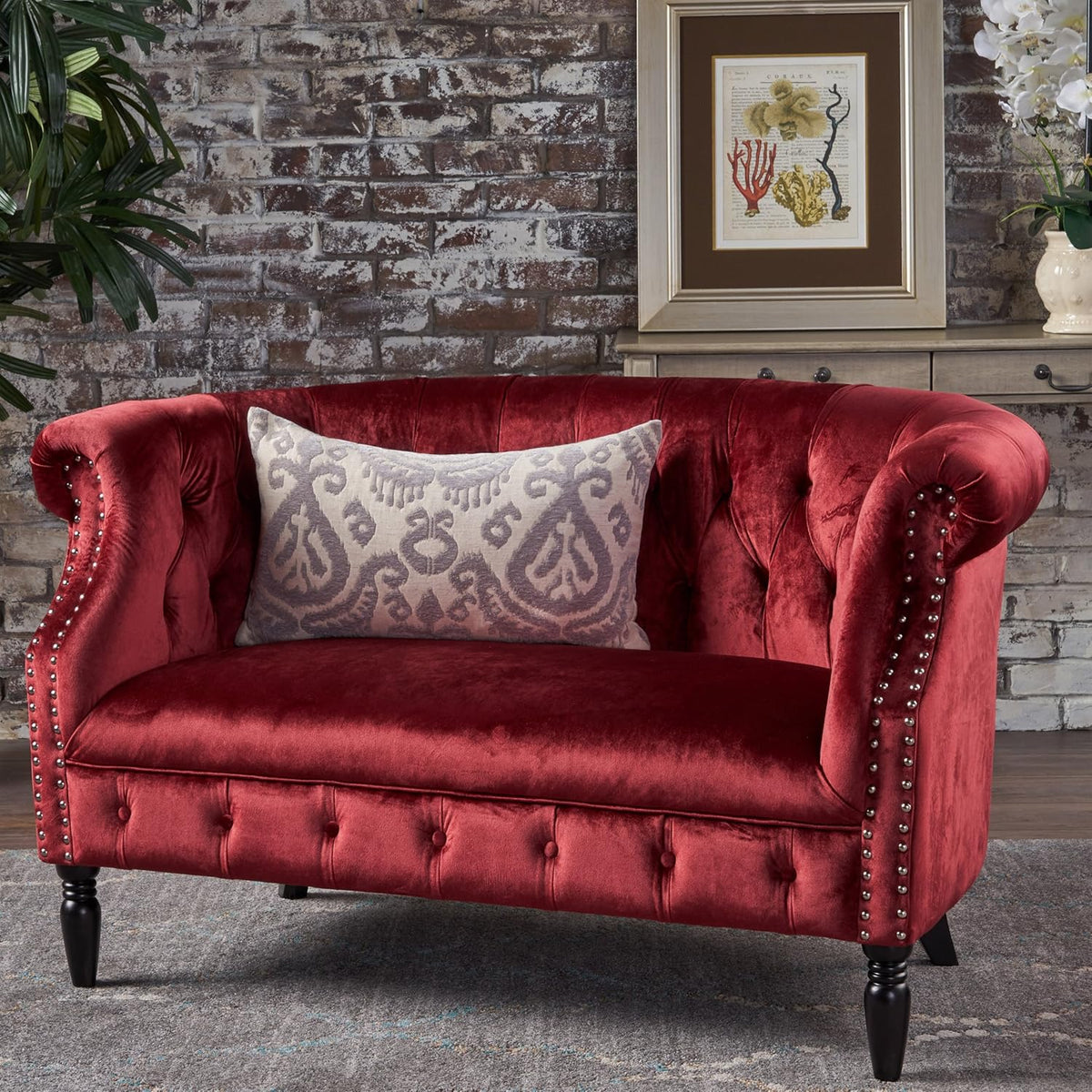Melaina Tufted Chesterfield Velvet Loveseat with Scrolled Arms, Garnet and Dark Brown