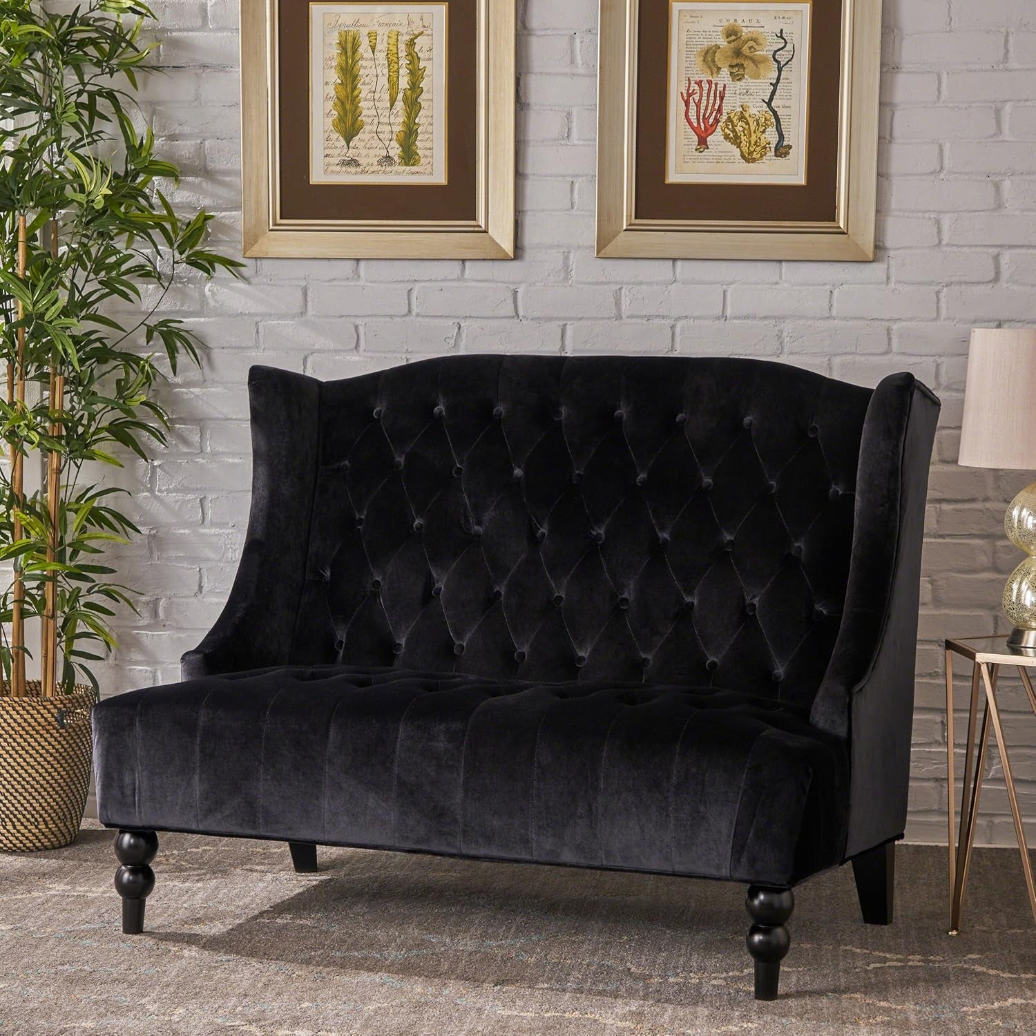 Leora Modern Glam Tufted Velvet Wingback Loveseat, Black / Dark Brown