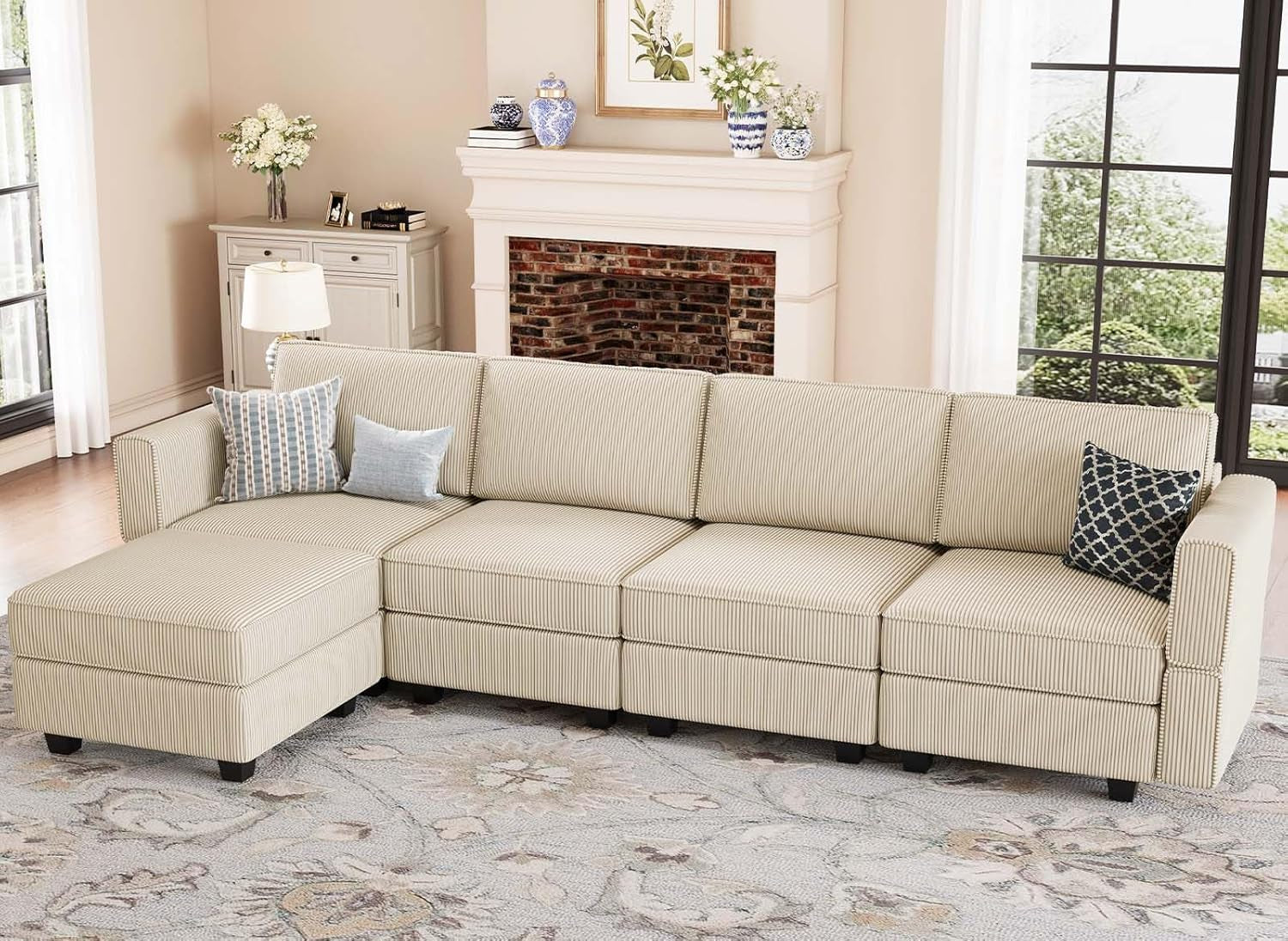 Modular Sectional Sofa L Shaped Couch with Reversible Chaise Modular Sectional Couch 4 Seat Modular Sofa with Storage Ottoman(Beige, L Shape Sofa)