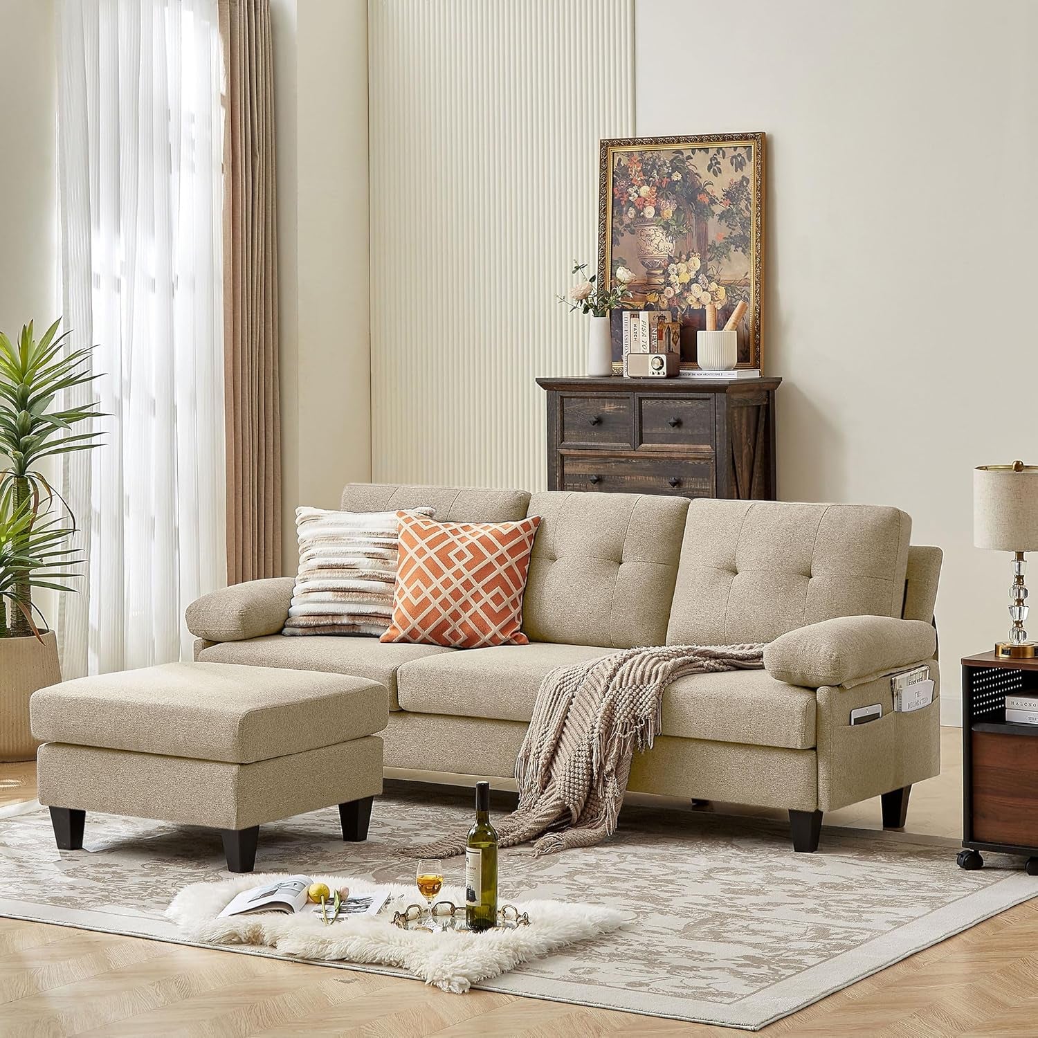 86" Convertible Sectional Sofa Couch, Modern Linen Fabric L Shaped Couch with Reversible Chaise, Upholstered Deep Seat Cushion 3 Seater Sofa for Small Space Apartment (Beige)