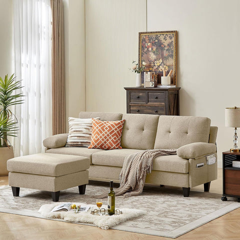 86" Convertible Sectional Sofa Couch, Modern Linen Fabric L Shaped Couch with Reversible Chaise, Upholstered Deep Seat Cushion 3 Seater Sofa for Small Space Apartment (Beige)