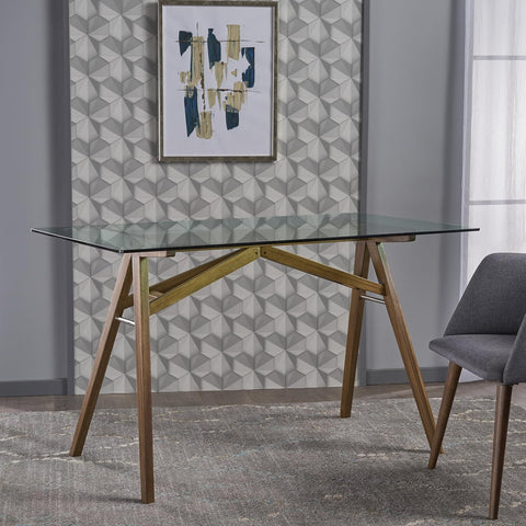 Camila Mid-Century Tempered Glass Desk with Acacia Wood Frame, Dusk Grey / Natural Stained