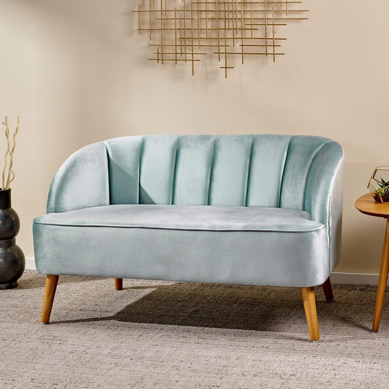 Amaia Modern Velvet Sofa, Seafoam Blue / Walnut