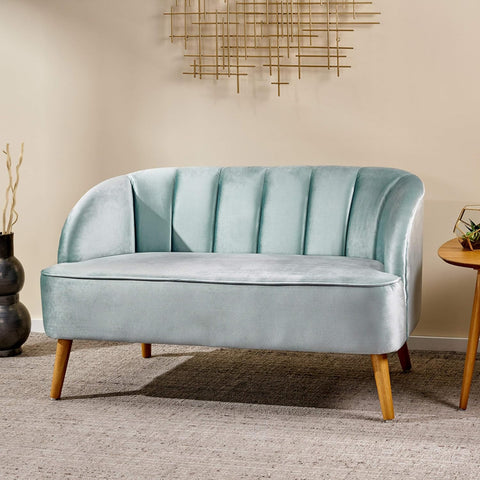 Amaia Modern Velvet Sofa, Seafoam Blue / Walnut