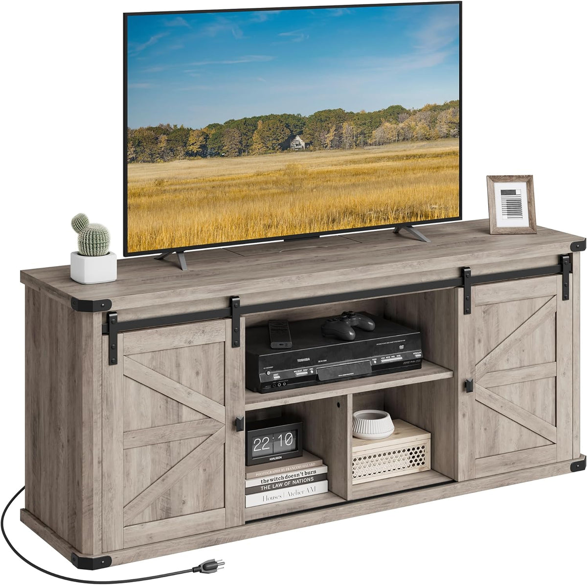 TV Stand for Tvs up to 65 Inches, Farmhouse Entertainment Center with Sliding Barn Doors, TV Console Table for Living Room, Heather Greige ULTV324K02