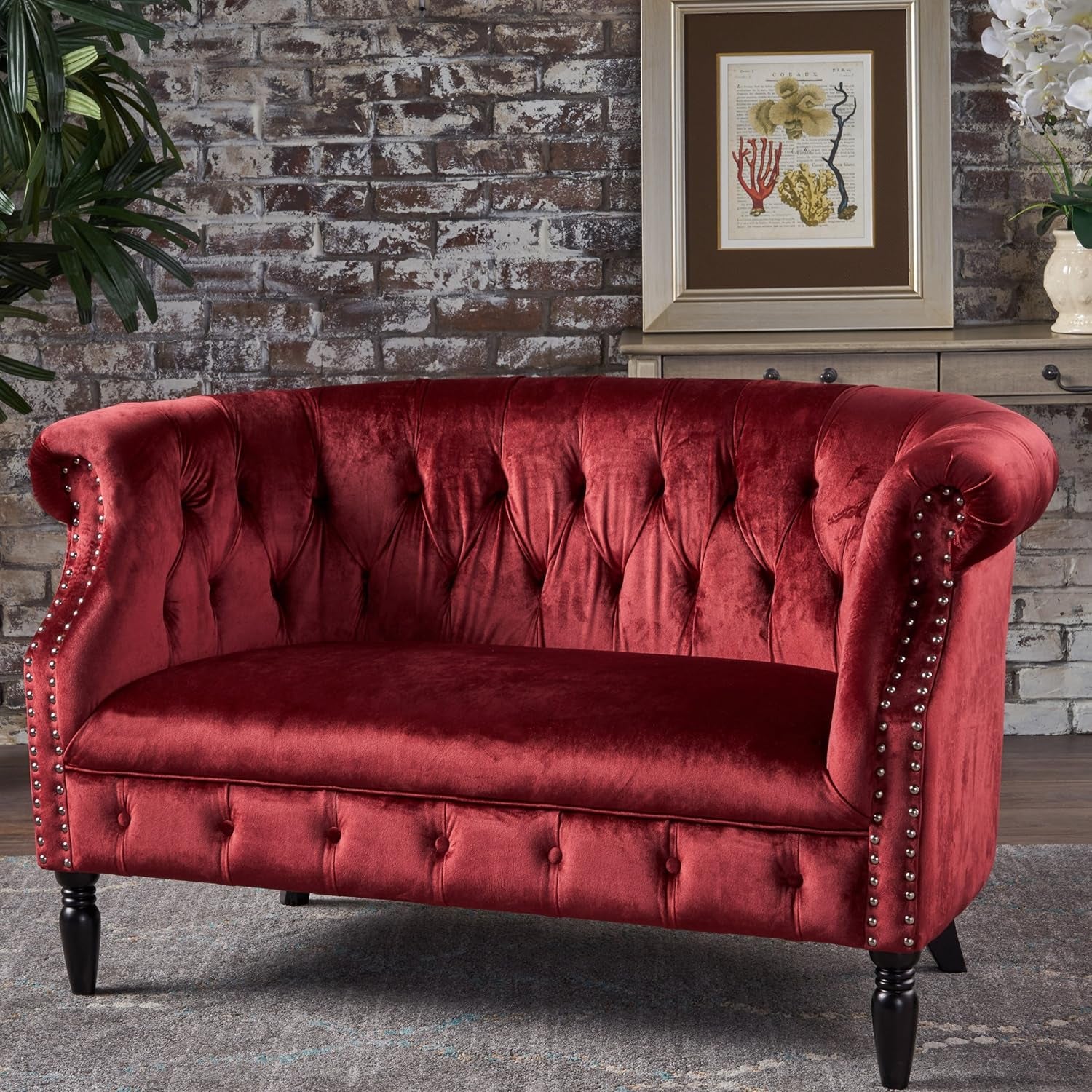 Melaina Tufted Chesterfield Velvet Loveseat with Scrolled Arms, Garnet and Dark Brown