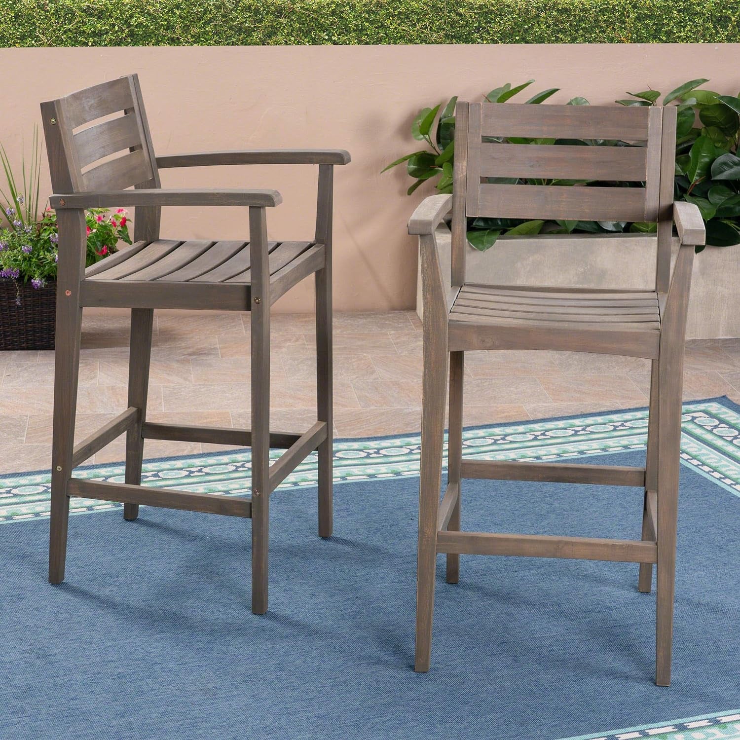 Lera Outdoor Rustic Acacia Wood Barstool (Set of 2), Gray Finish