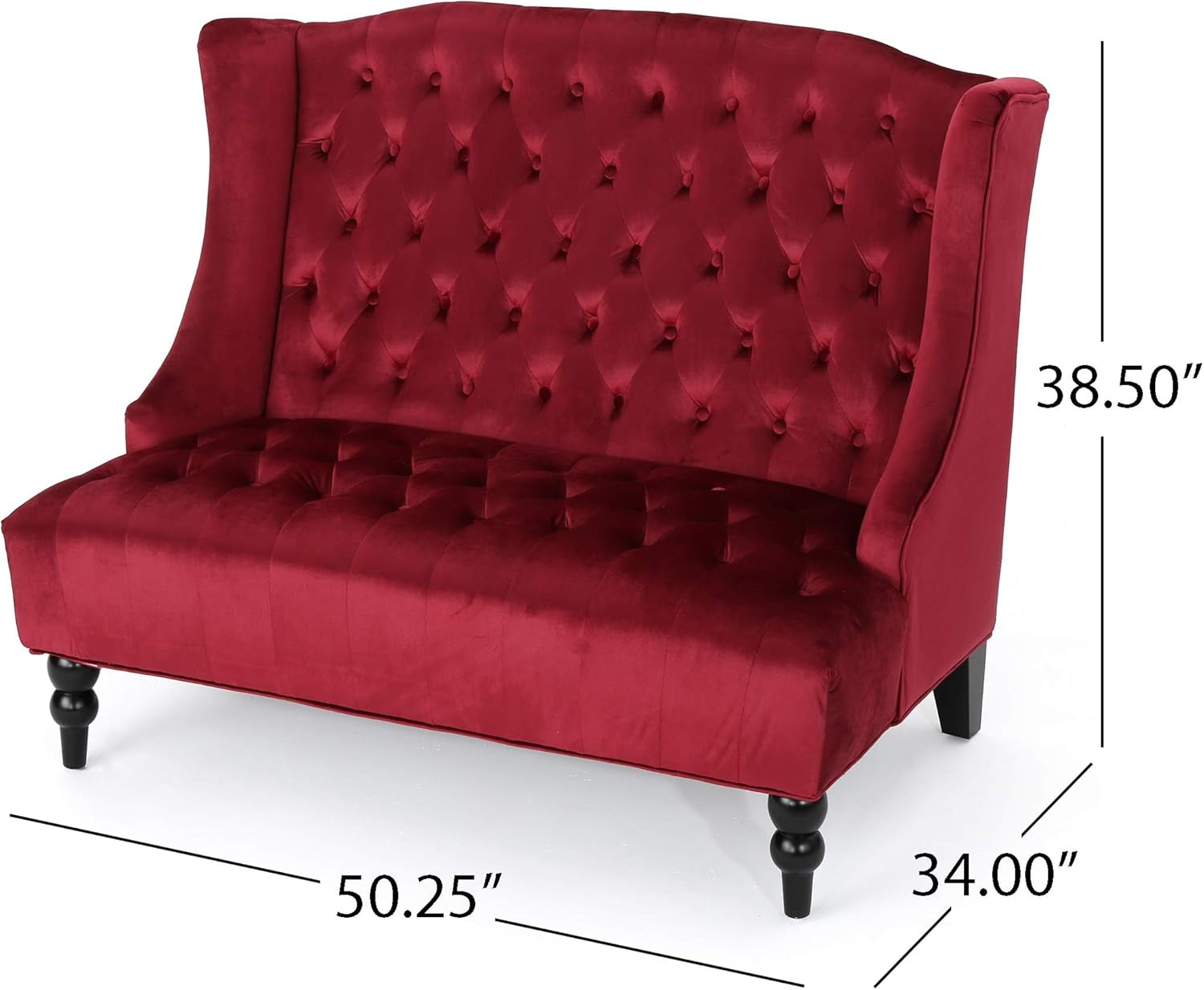 Christopher Knight Home  Leona Modern Glam Tufted Velvet Wingback Loveseat, Wine and Dark Brown, 34.00 ''D X 50.25‘’W X 38.50'' H