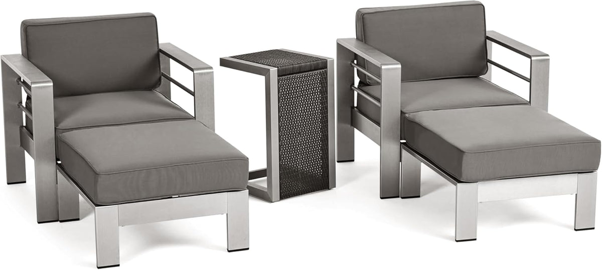 Cape Coral Outdoor Aluminum 2-Seater Club Chair Chat Set with Side Table and Ottoman, 32.00 "W X 27.5 "D X 24.6 "H, Silver + Gray + Khaki